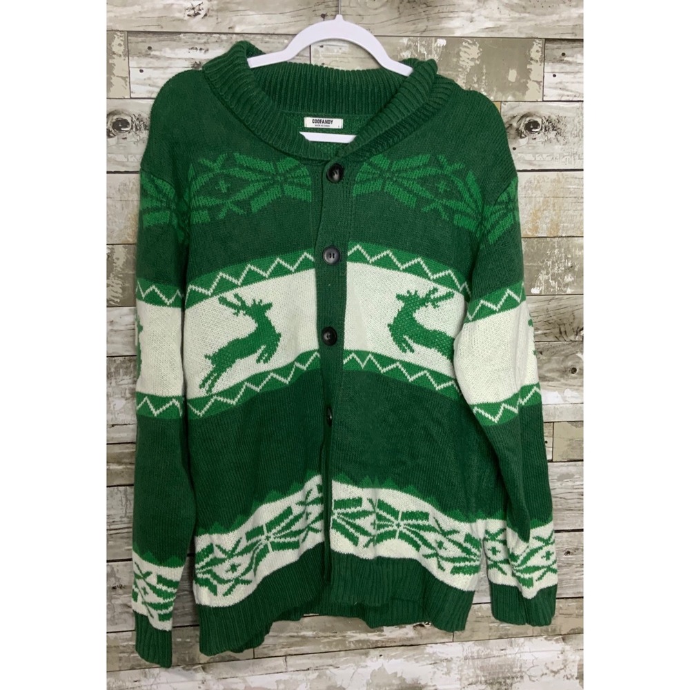Coofandy Mens Green Reindeer Button Front Collared Cardigan Sweater Size L